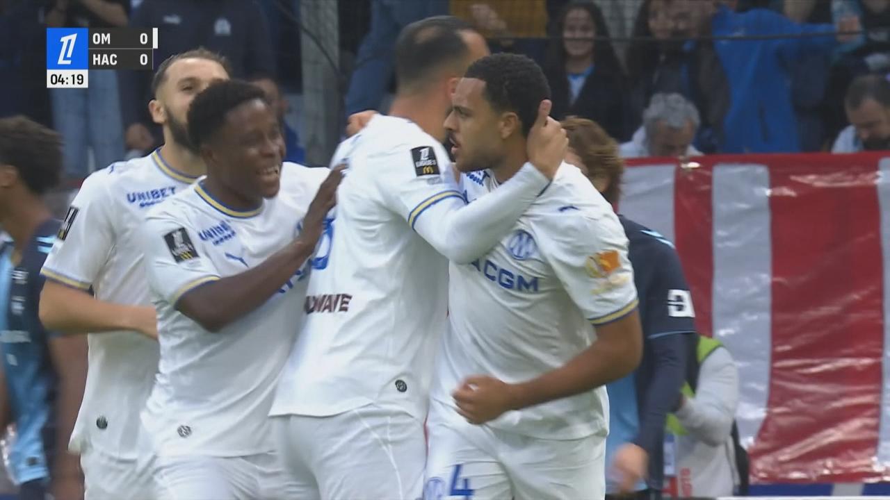 Cabezazo goleador de Egan-Riley para el 1-0 del Marsella ante Le Havre