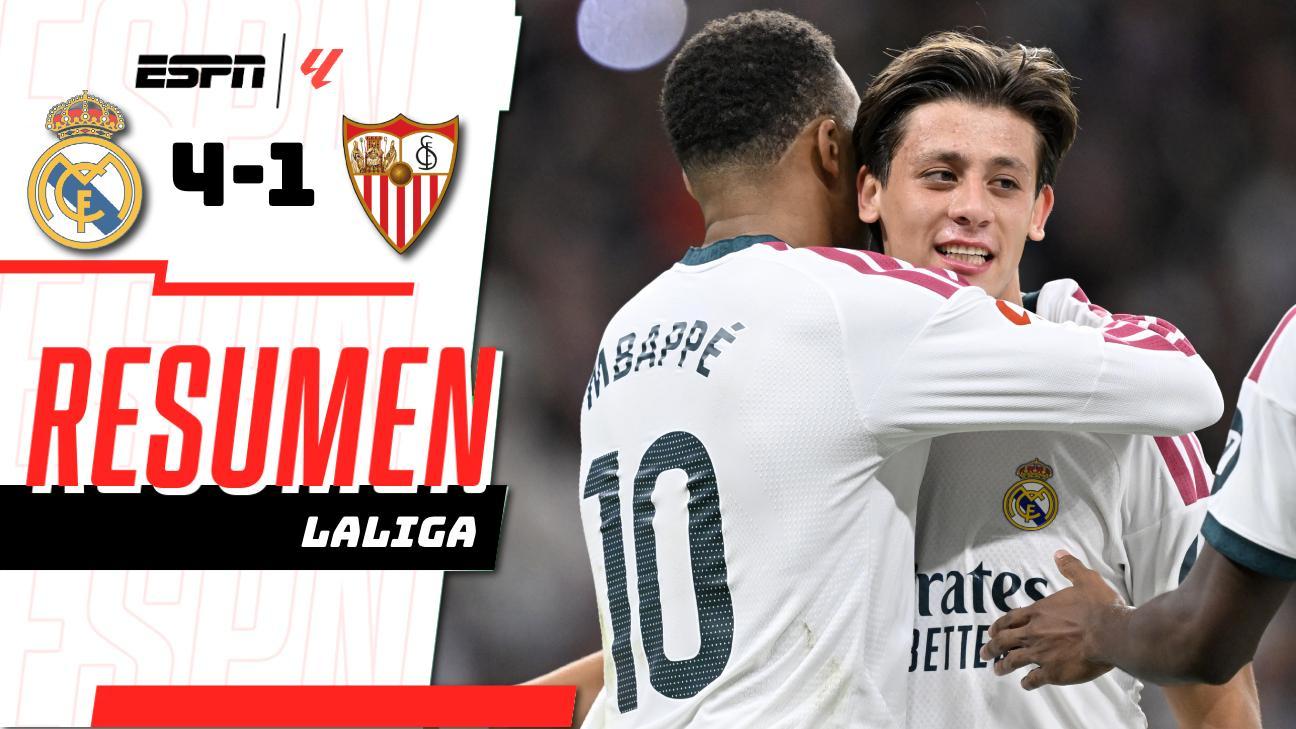¡El Real Madrid se impone 4-1 al Sevilla con un golazo de Arda Güler y doblete de Mbappé!