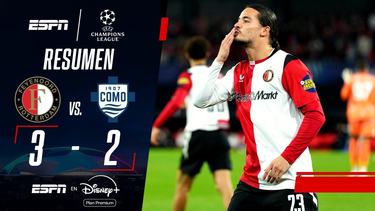 Feyenoord venció 3-2 al Como en Róterdam y sumó su primer triunfo en la Fase Liga